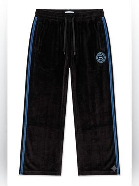 Premium Black Velvet Track Pants with Blue Stripe, Snover, S, NWT Streetwear